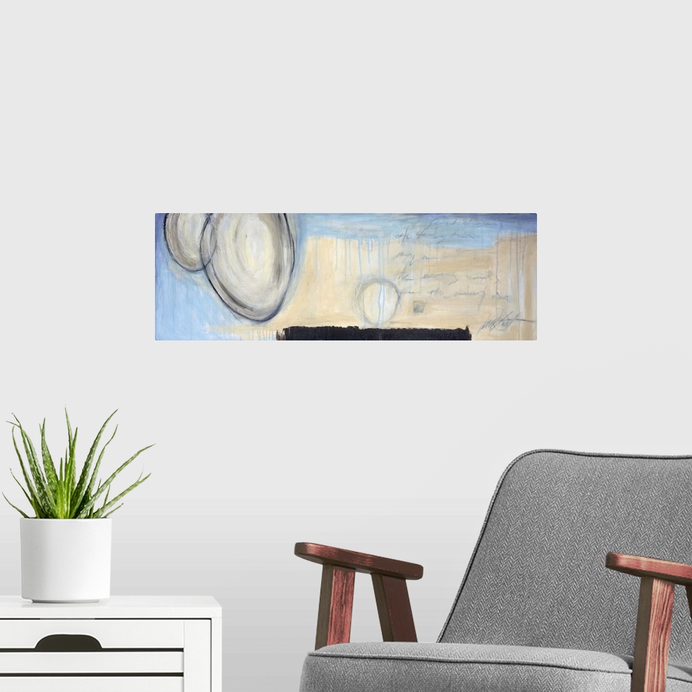 A modern room featuring Contemporary abstract painting using subtle cool tones and organic shapes.