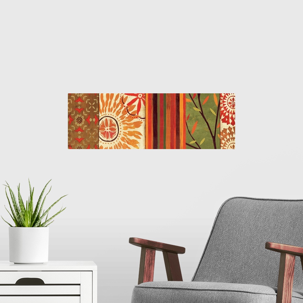 A modern room featuring Panoramic artwork of five colorful abstract patterns with flowers, branches, and stripes.