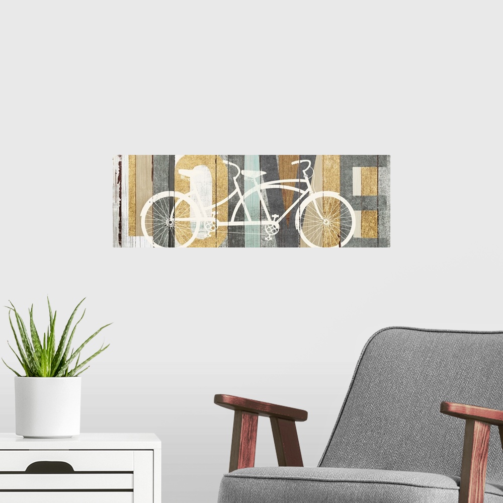 A modern room featuring "LOVE" painted on a wood paneled background with a white silhouette of a tandem bicycle on top.