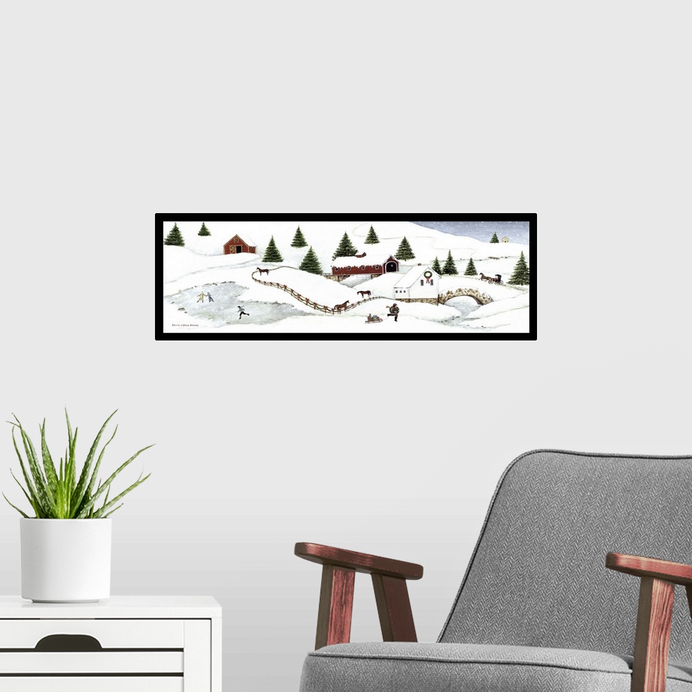 A modern room featuring Contemporary painting of an idyllic winter scene.