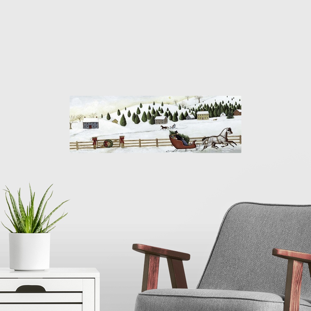 A modern room featuring Contemporary painting of an idyllic winter scene with a horse drawn sleigh in the foreground.