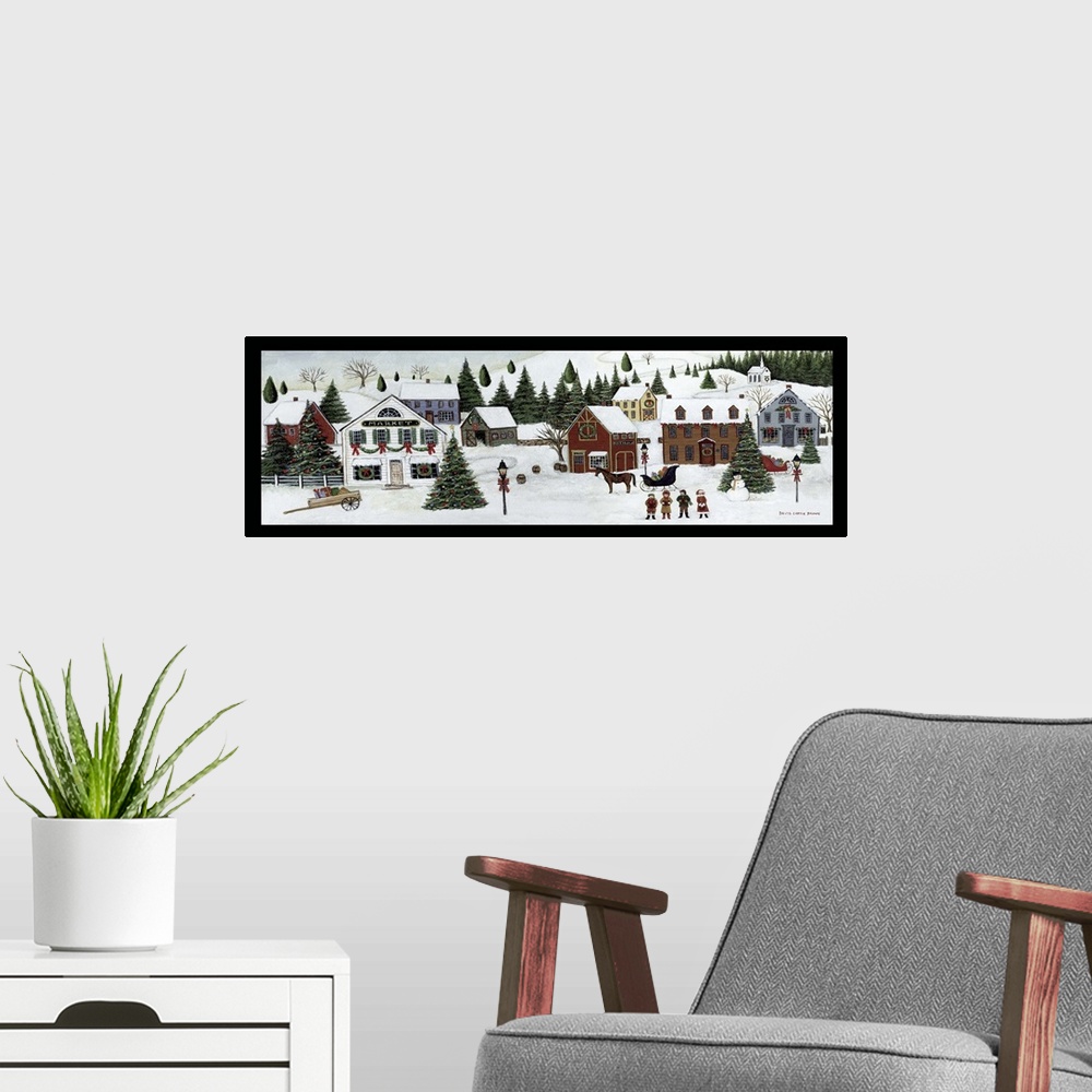 A modern room featuring Contemporary painting of an idyllic winter scene of small rural town during Christmas.