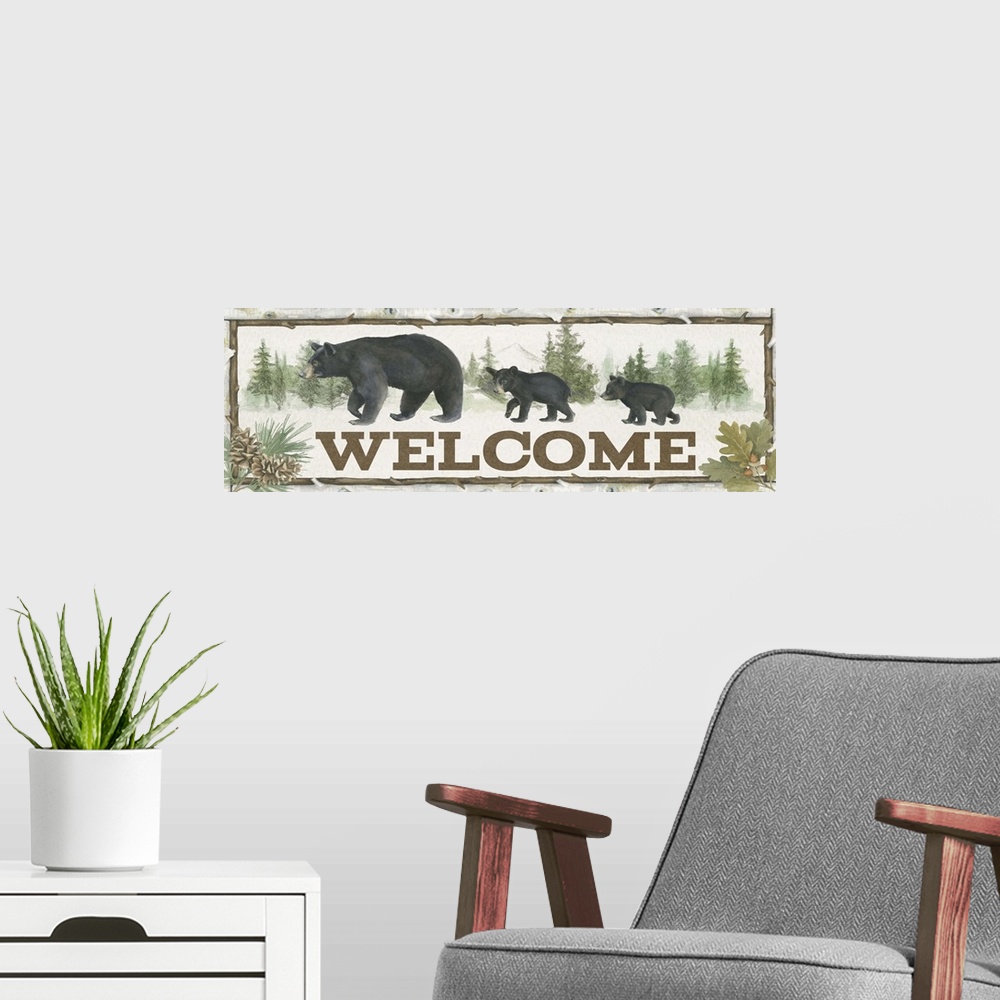 A modern room featuring A welcome sign featuring a mother black bear and two cubs.