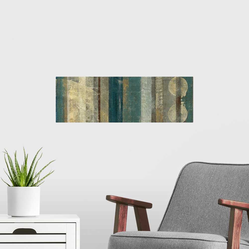 A modern room featuring This decorative accent for the home or office is a panoramic shaped painting created with stripes...