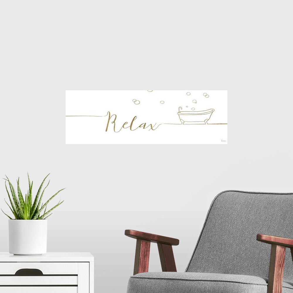 A modern room featuring White and gold bathroom decor with the word "Relax" written on the side, an illustration of a bat...