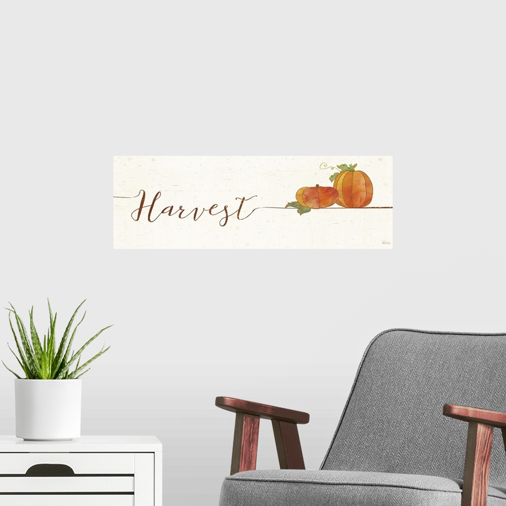 A modern room featuring Horizontal artwork of "Harvest" in handwritten text with a pair of pumpkins.