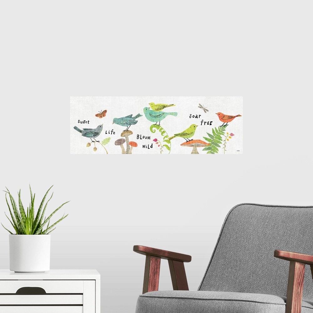 A modern room featuring Panoramic illustration of birds, flowers, ferns, and mushrooms with words written all around, "Sw...