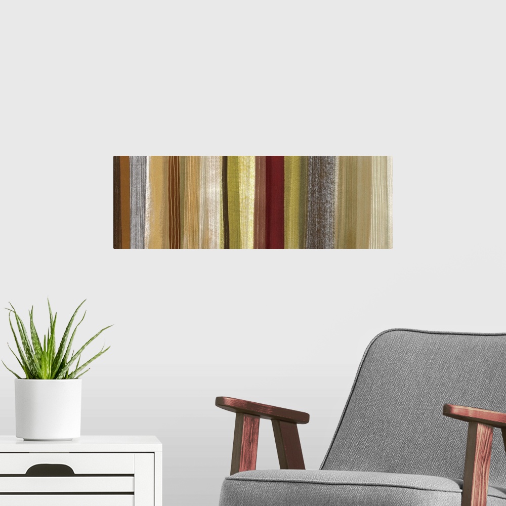 A modern room featuring A abstract painting of bright different colored lines running vertical through the image.