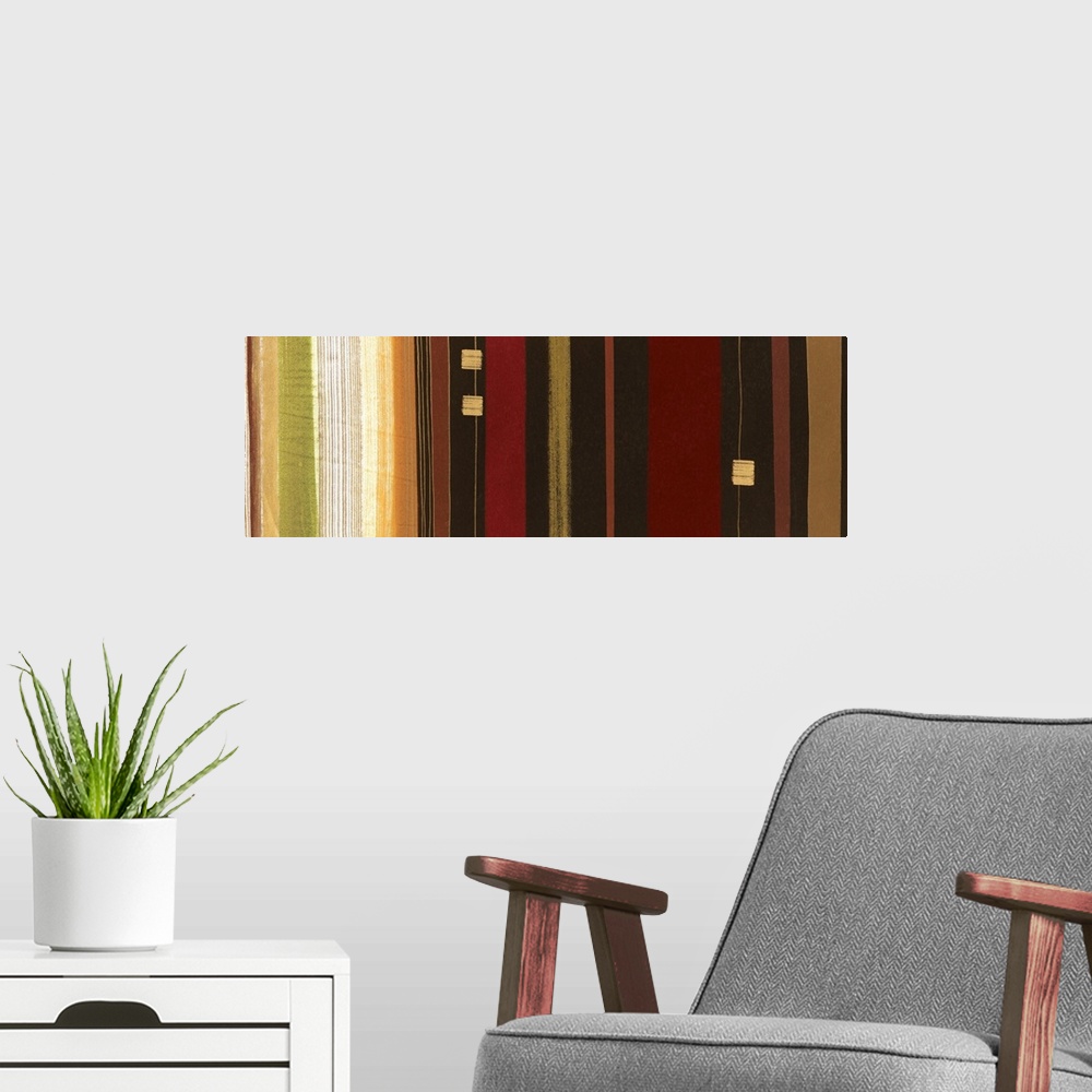 A modern room featuring A abstract painting of dark different colored lines running vertical through the image. With thre...
