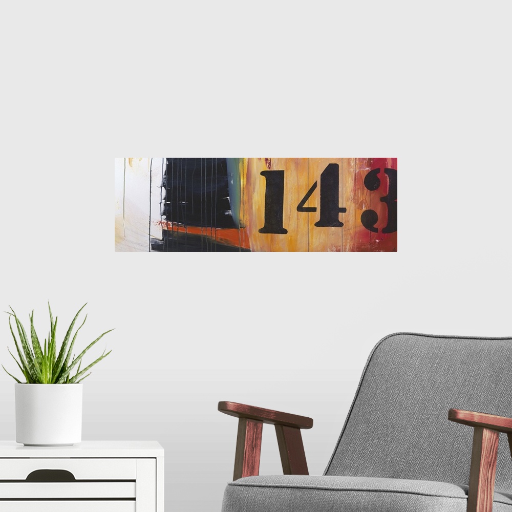 A modern room featuring Contemporary abstract painting using stenciled numbers against a patches of muted colors.