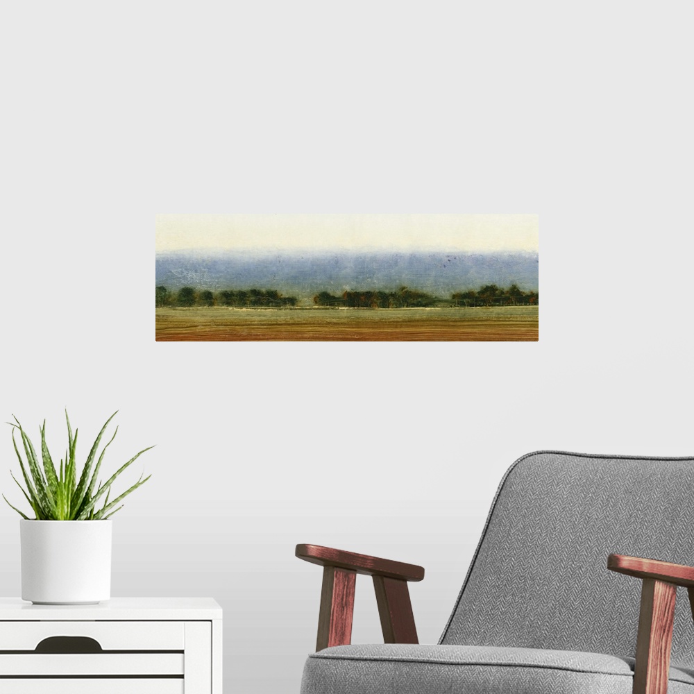 A modern room featuring Contemporary painting of an open field of farmland ready for planting.