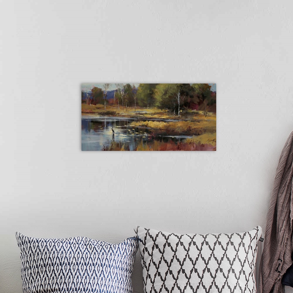 A bohemian room featuring Contemporary painting of a heron standing in shallow water in a marsh.