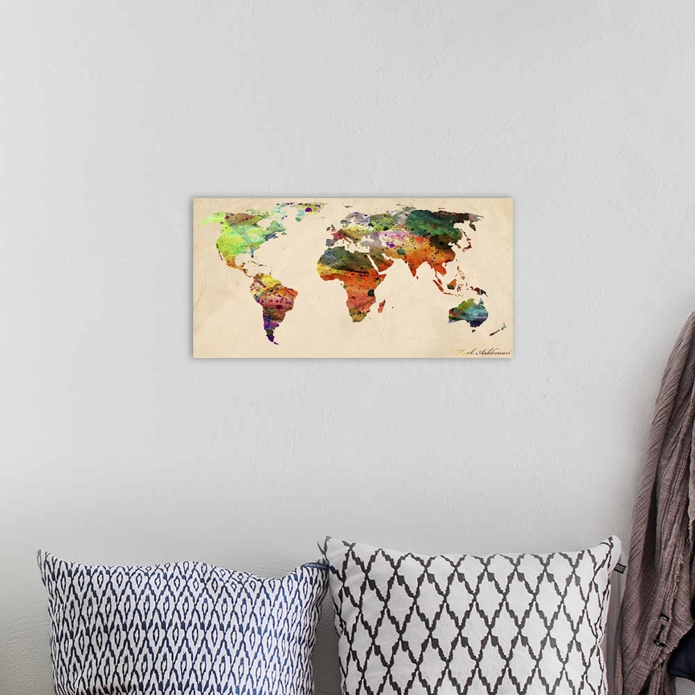 A bohemian room featuring Contemporary artwork of an artistic wold map in watercolor