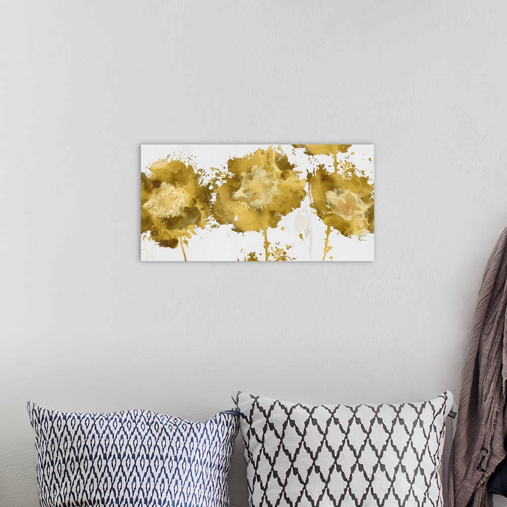 A bohemian room featuring Abstract illustrations of metallic gold flowers on a white background.