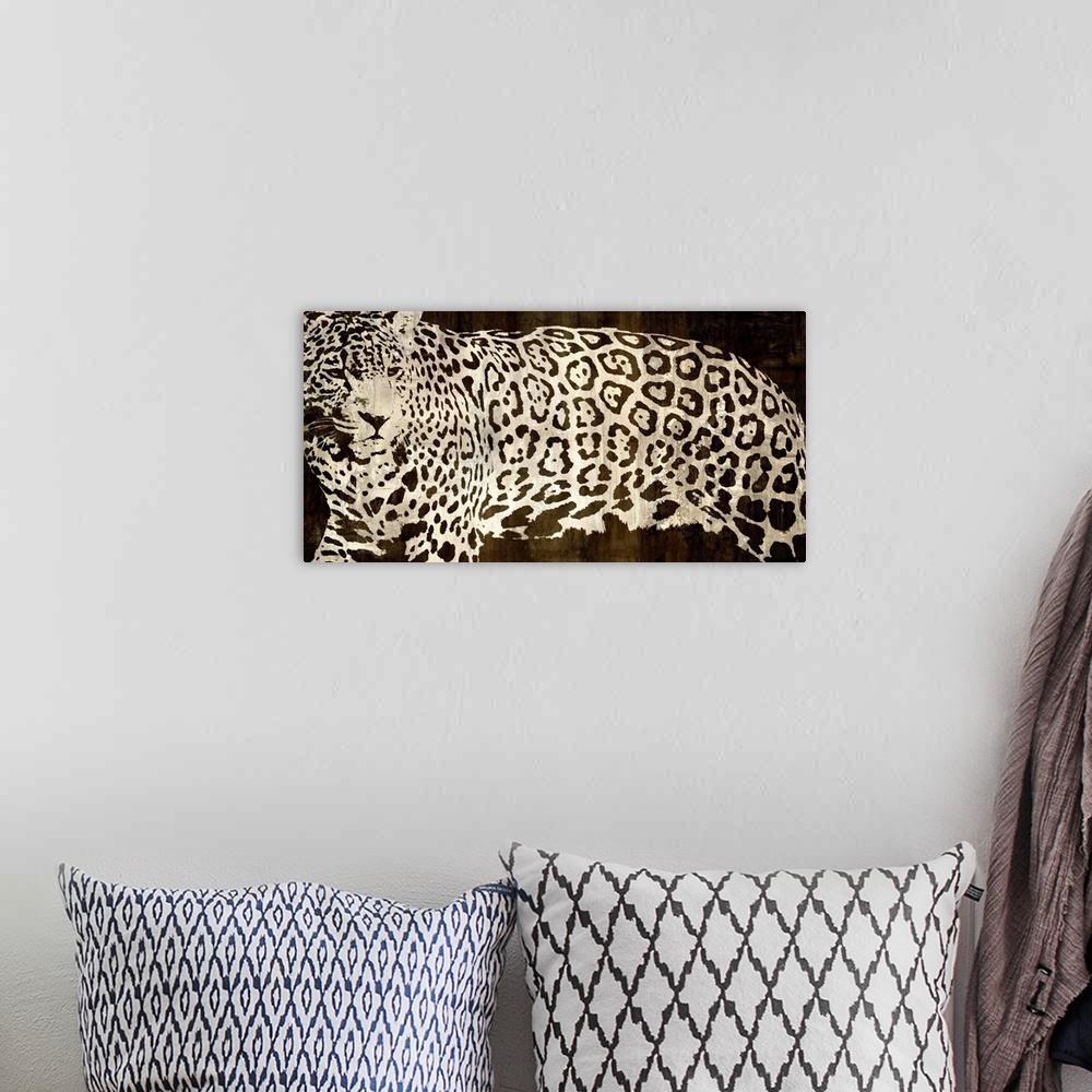 A bohemian room featuring Wide illustration of a leopard on a faux wood background.
