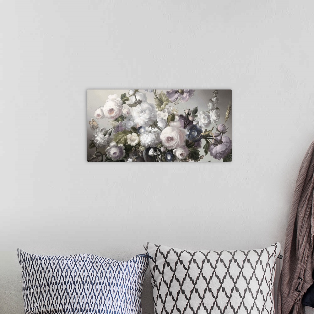A bohemian room featuring Desaturated artwork showing a romantic bouquet of flowers over a light background.