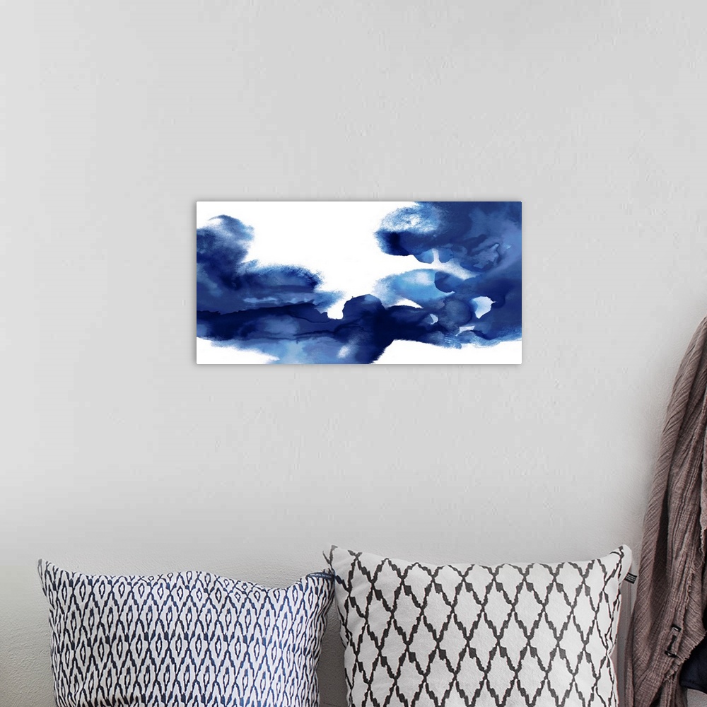 A bohemian room featuring Abstract painting representing movement with indigo watercolor on a solid white background.