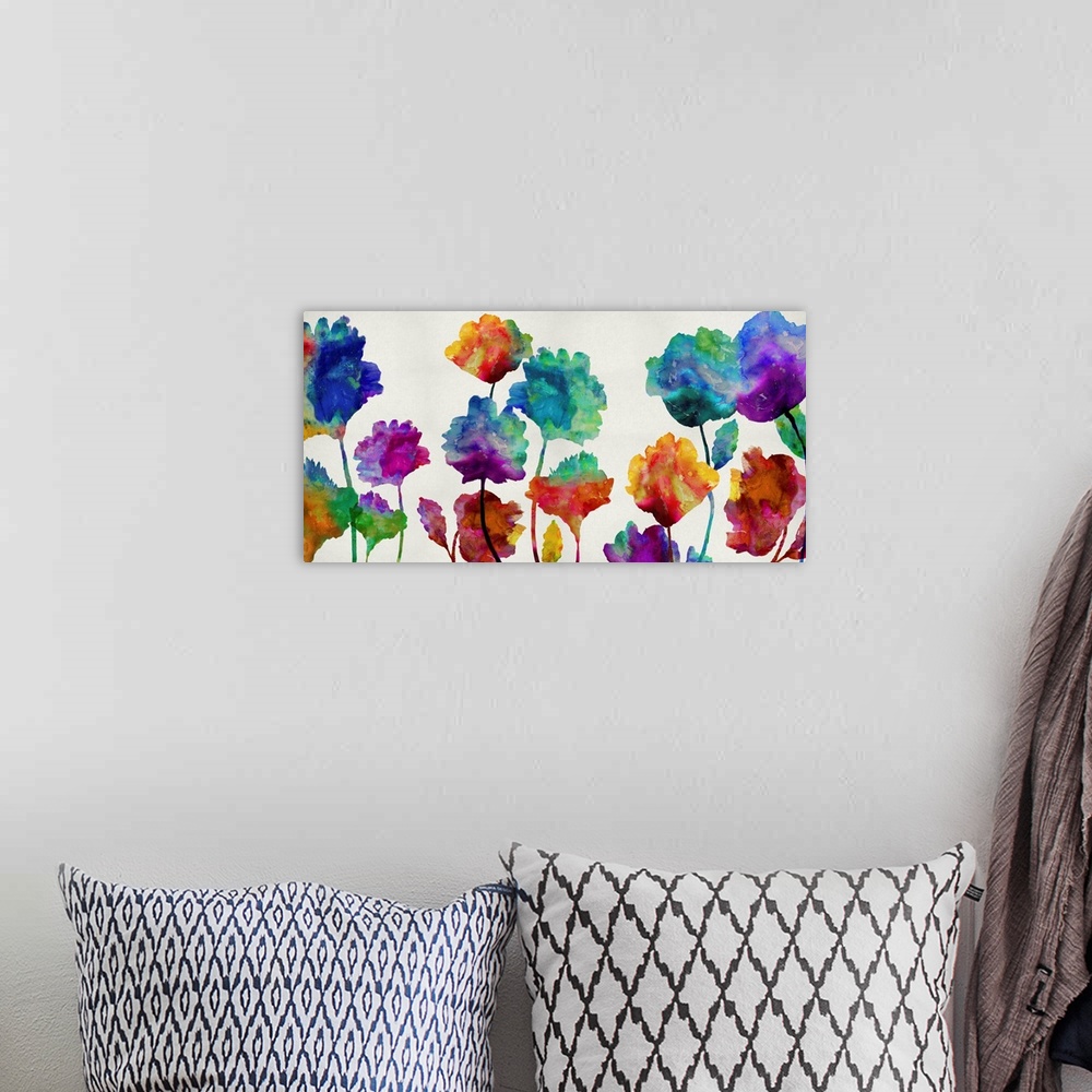 A bohemian room featuring Large art with silhouettes of flowers with multiple colors melding together with a watercolor loo...