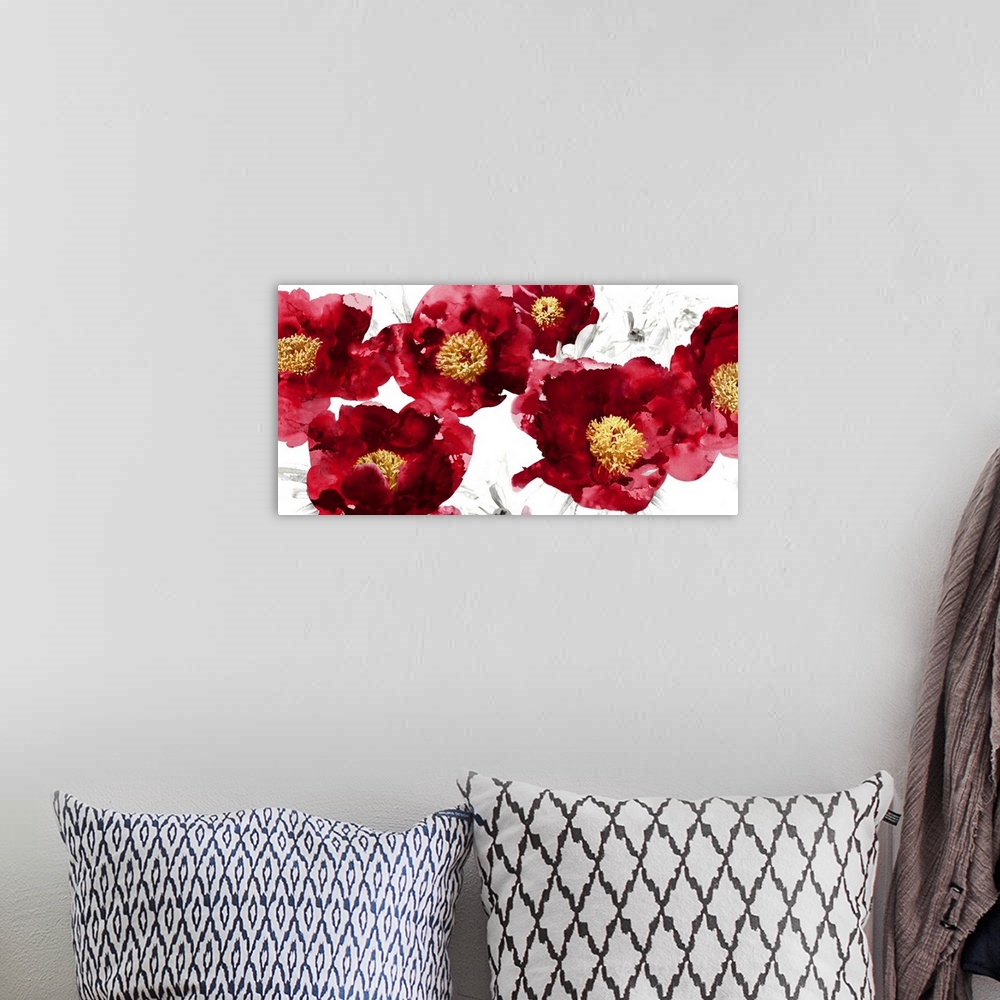 A bohemian room featuring Bright red flowers with golden stigmas on a white background with faint black illustrations of fl...