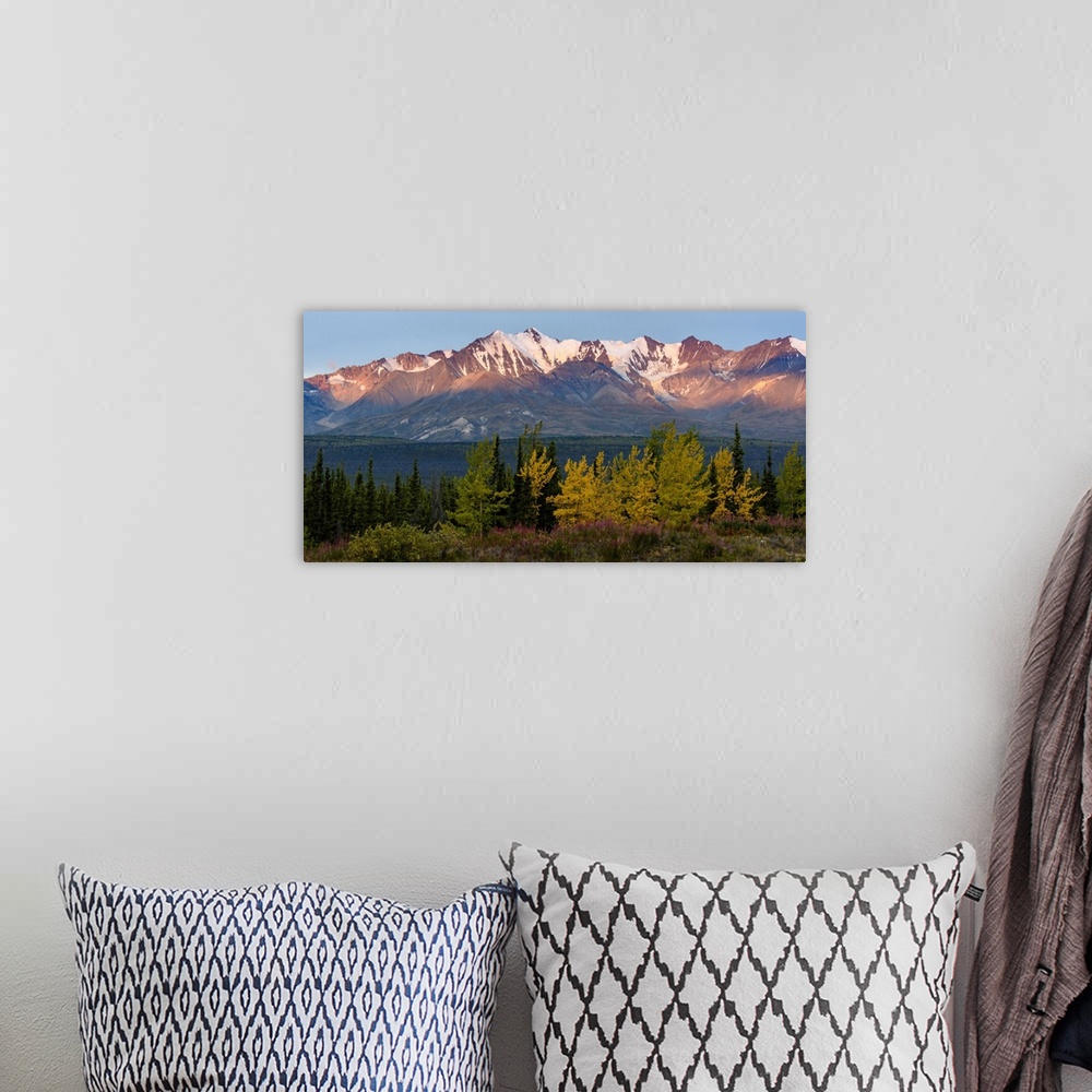 A bohemian room featuring Canada, Yukon, Kluane National Park, Mountain range at last light.