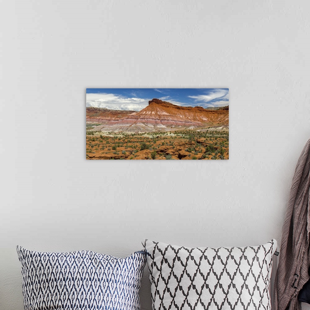 A bohemian room featuring USA, Utah, Grand Staircase-Escalante National Monument. Banded red topped butte near Old Pahreah ...