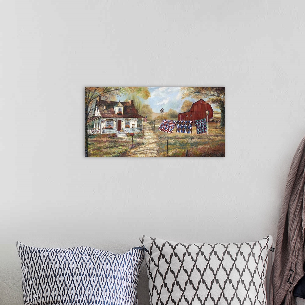 A bohemian room featuring Large contemporary painting of a farm house and a red barn with three quilts hanging on the line.