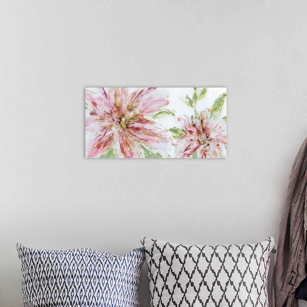 A bohemian room featuring Large painting of two abstract flowers in shades of pink and red with green leaves on a white bac...