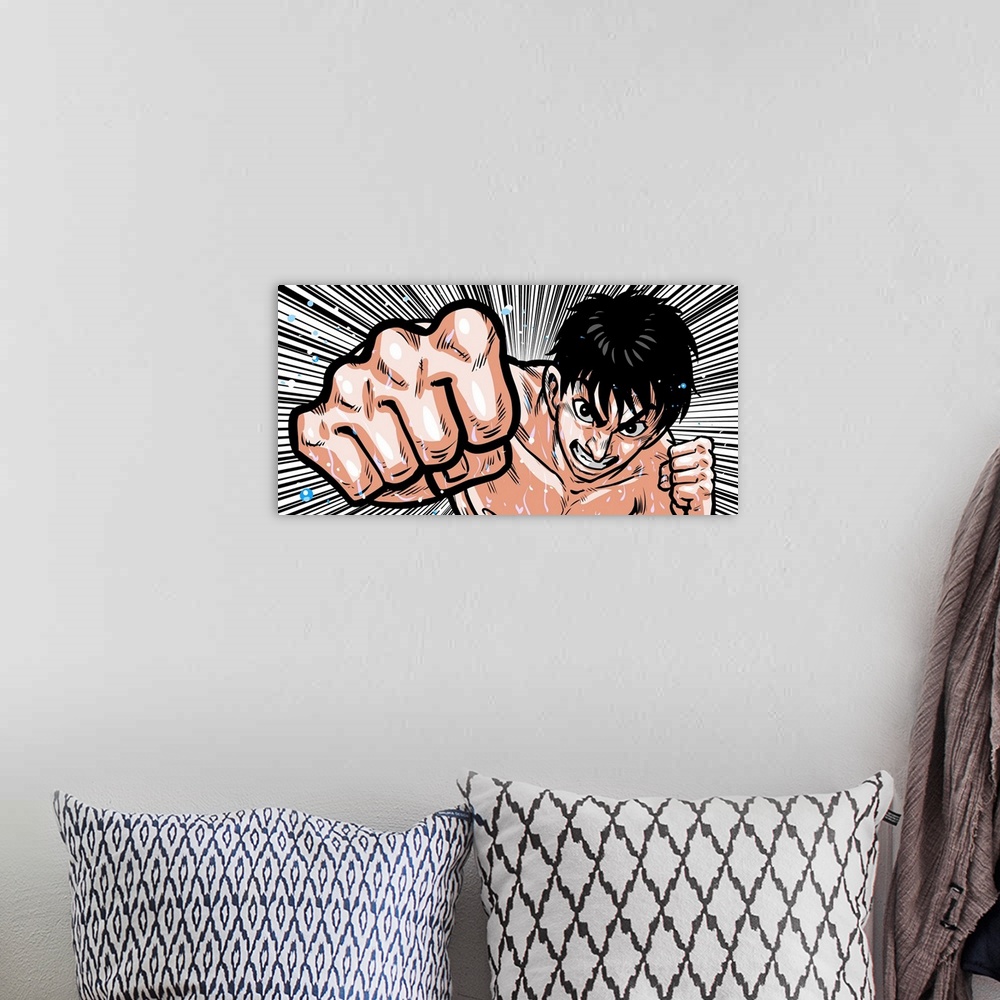 A bohemian room featuring An anime character punching.