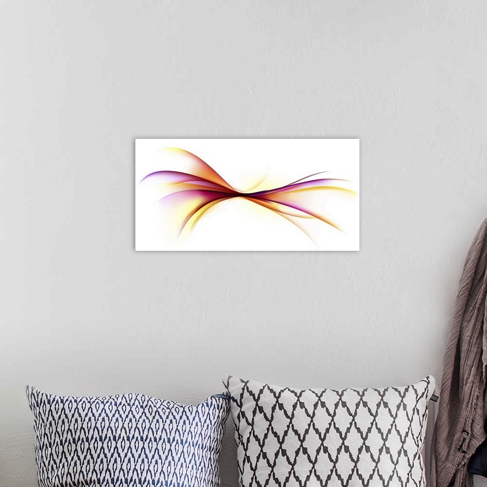 A bohemian room featuring Abstract artwork of warm colored curves that expand out from the center of this large white canvas.