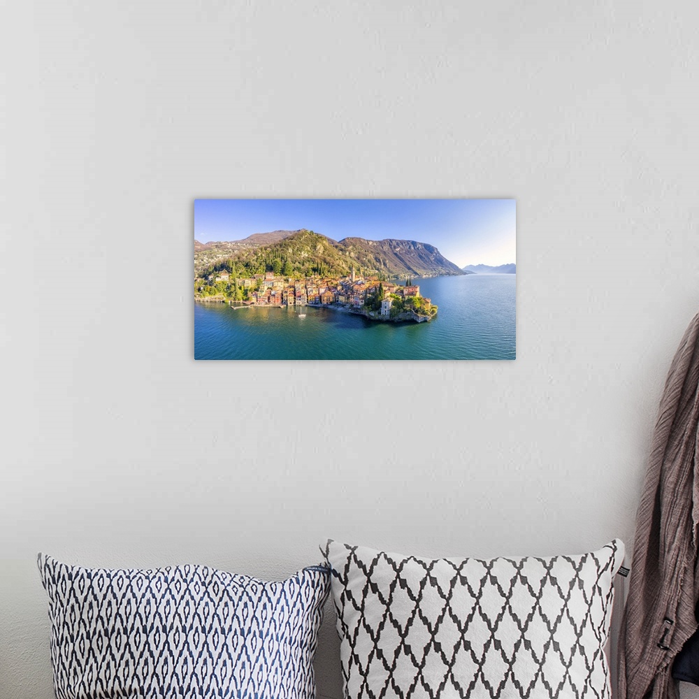 A bohemian room featuring Panoramic aerial view of Varenna, Como Lake, Lombardy, Italy
