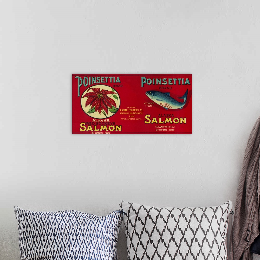 A bohemian room featuring Poinsettia Salmon Can Label, Port Bailey, AK and Shearwater, AK