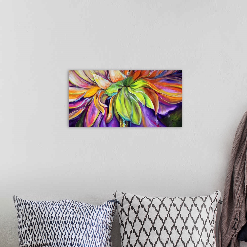 A bohemian room featuring Abstract painting of the gerbera daisy in purple, orange, green, pink, and yellow hues.