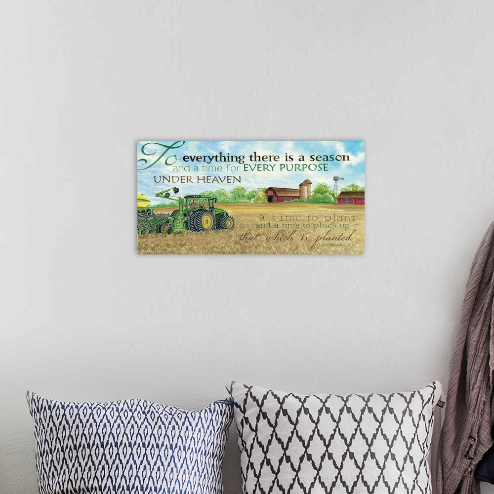 A bohemian room featuring Faith based typography art over an illustration of a tractor in a field near a farm and barn.