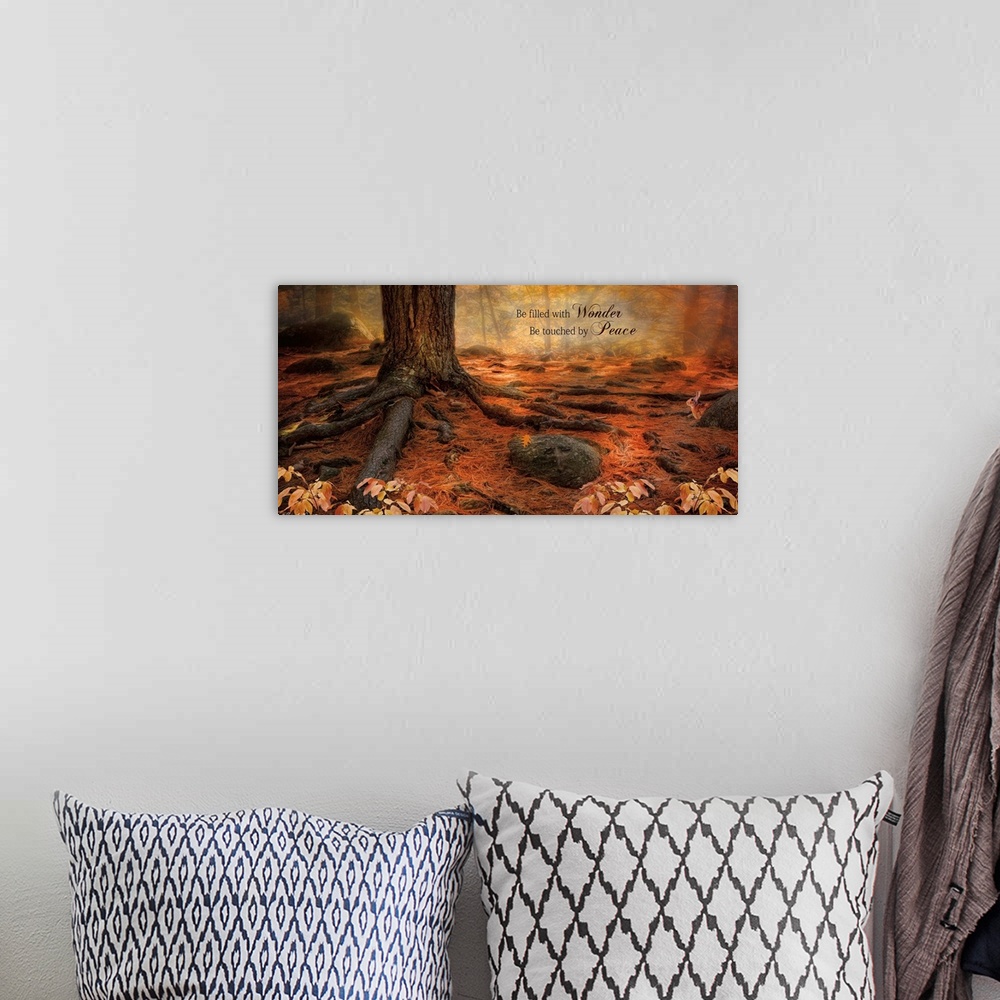 A bohemian room featuring Inspirational sentiment over an image of a forest floor covered in tree roots and fallen autumn l...