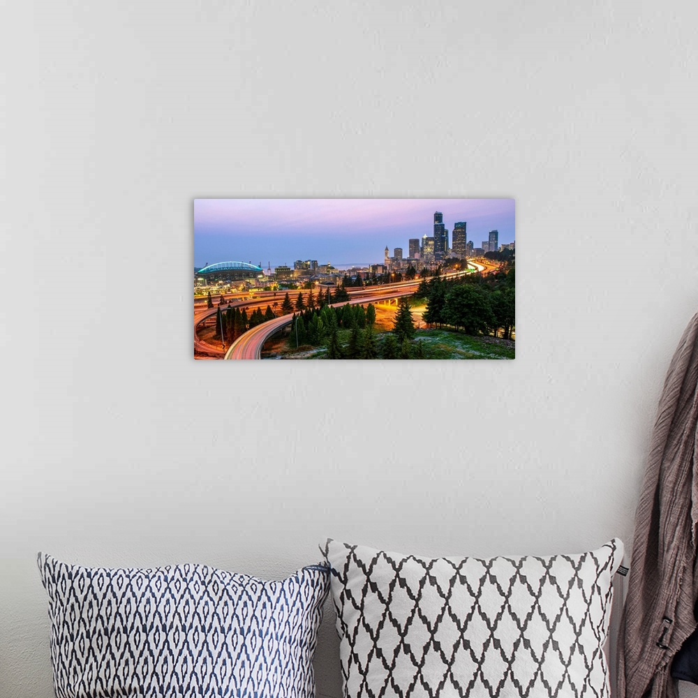 A bohemian room featuring Panoramic photograph of the Seattle skyline at night with light trails from the car lights on the...