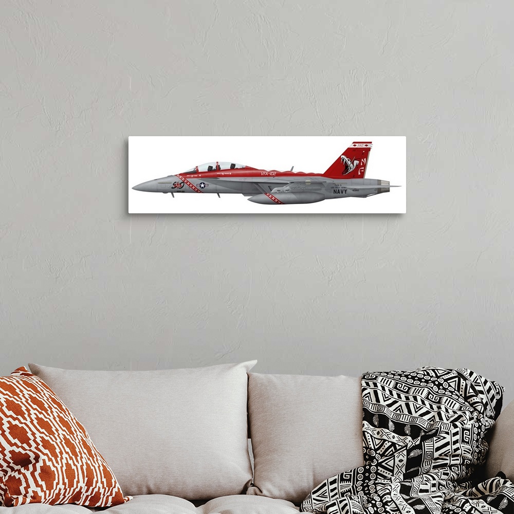A bohemian room featuring Illustration of an F/A-18F Super Hornet assigned to VFA-102. During 2005 the Diamond Backs celebr...