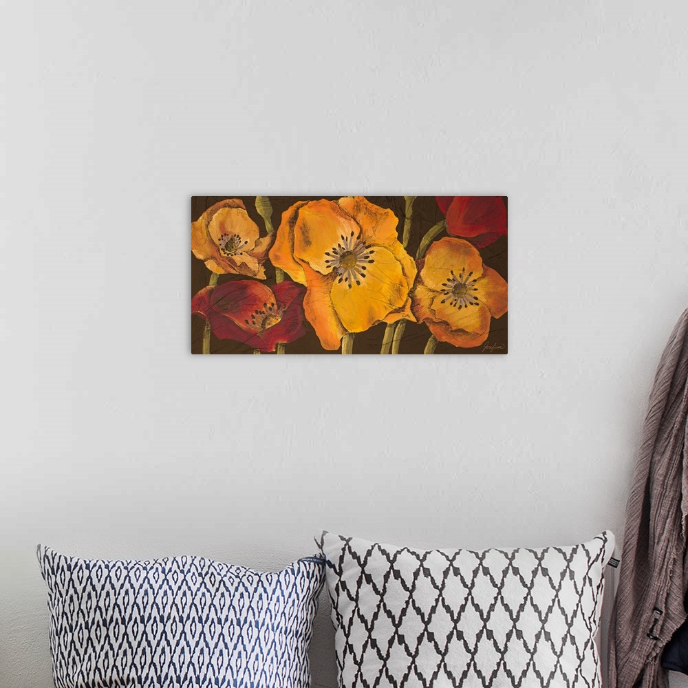 A bohemian room featuring Panoramic artwork of blooming poppy flowers and stems in vibrant tones against a dark background.