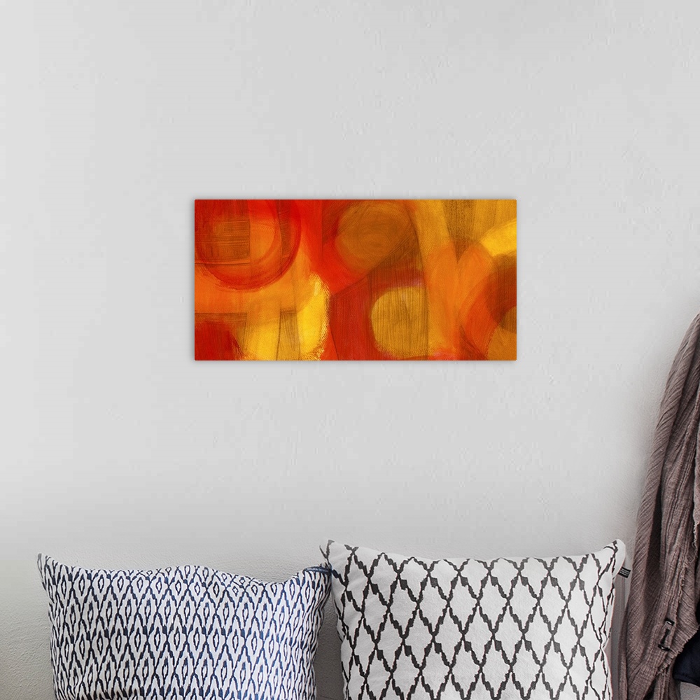 A bohemian room featuring Wide, horizontal abstract wall art of curves and circles in a painting with transparent layers.