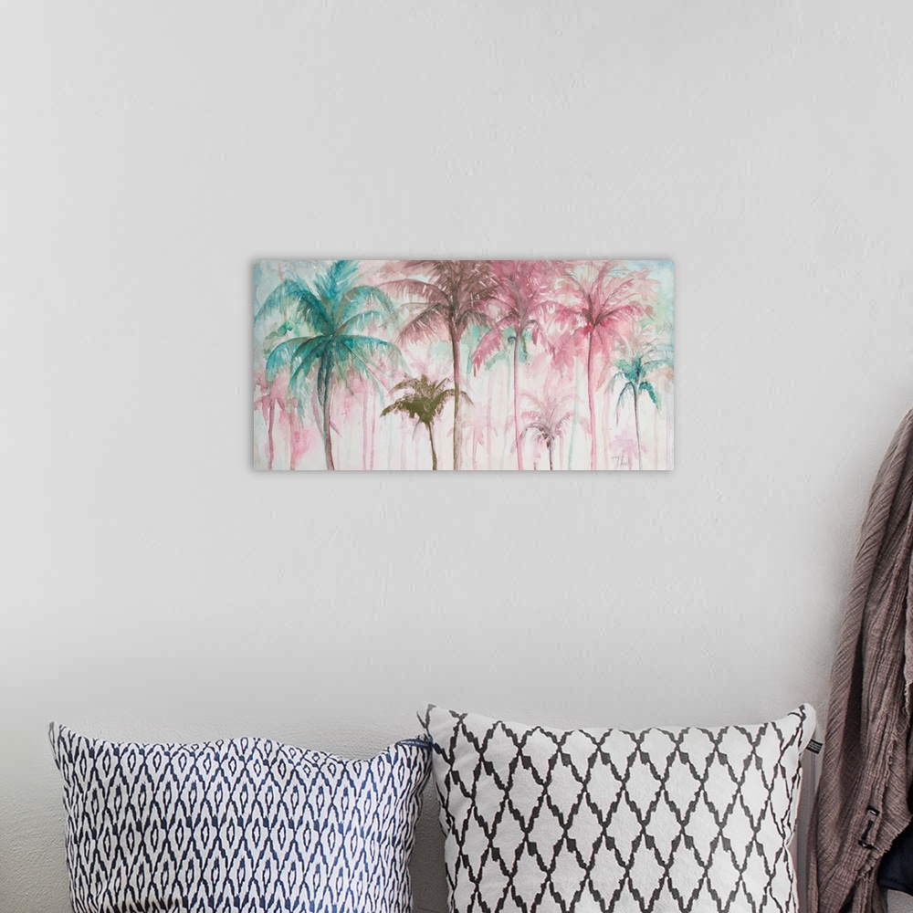 A bohemian room featuring A watercolor painting of pink and blue palm trees.