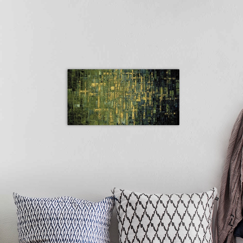 A bohemian room featuring Large abstract painting with shades of green, gold, charcoal gray, and black.
