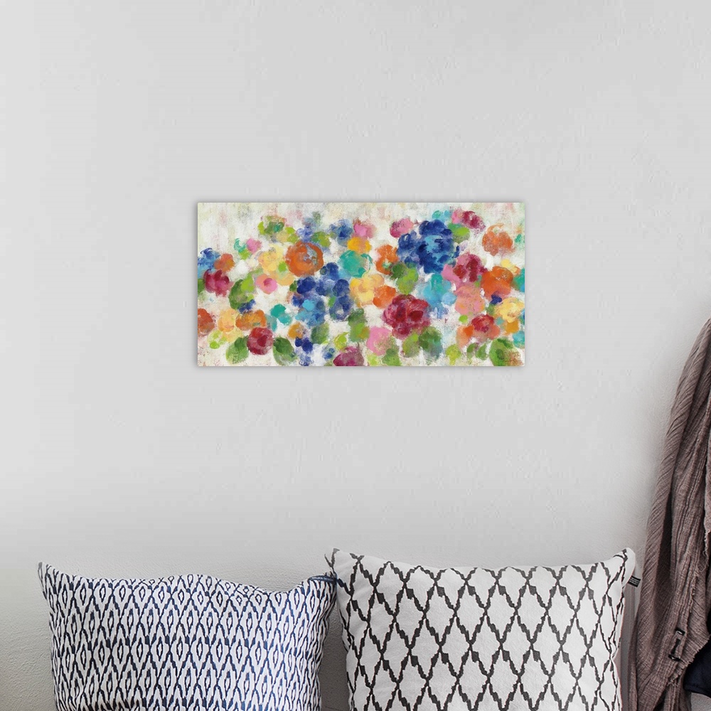 A bohemian room featuring Colorful abstract painting of hydrangeas.