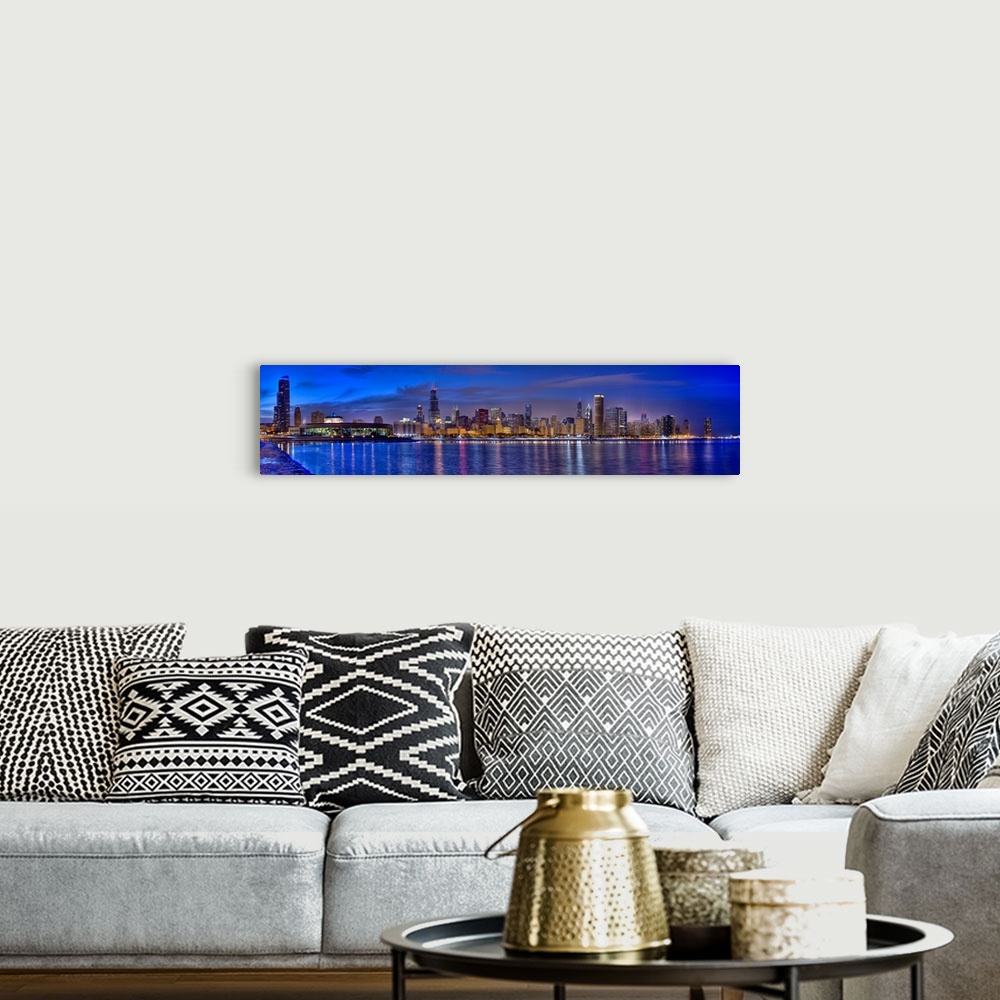A bohemian room featuring Skylines at the waterfront at dusk, Chicago, Cook County, Illinois, USA.
