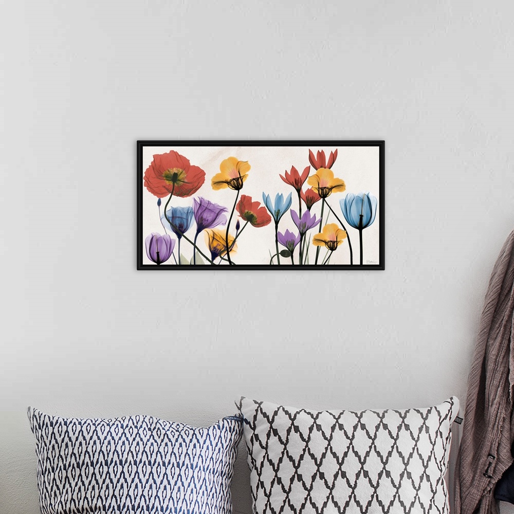 A bohemian room featuring X-ray photograph of spring time colorful flowers.