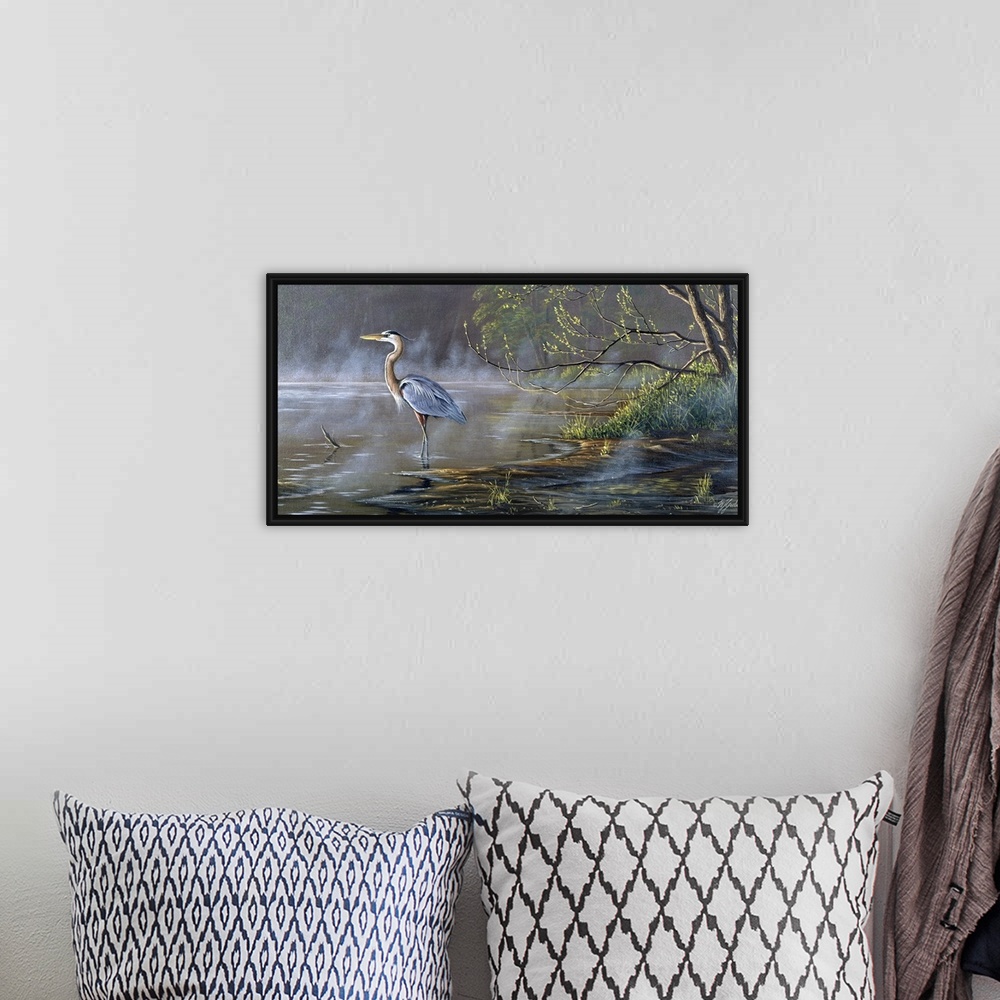 A bohemian room featuring Great blue heron in a pond.