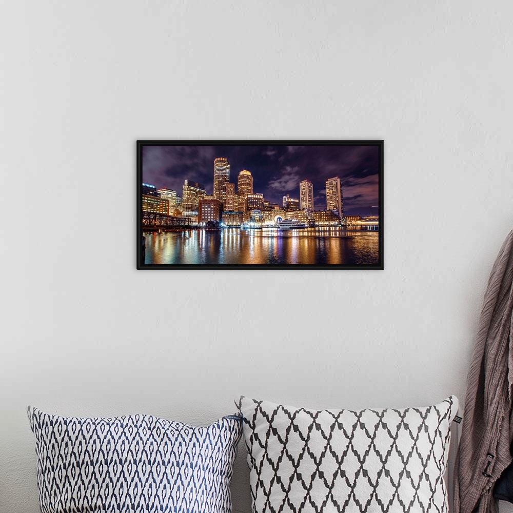 A bohemian room featuring Photo of Boston city skyline and waterfront from the view of the Harborwalk.