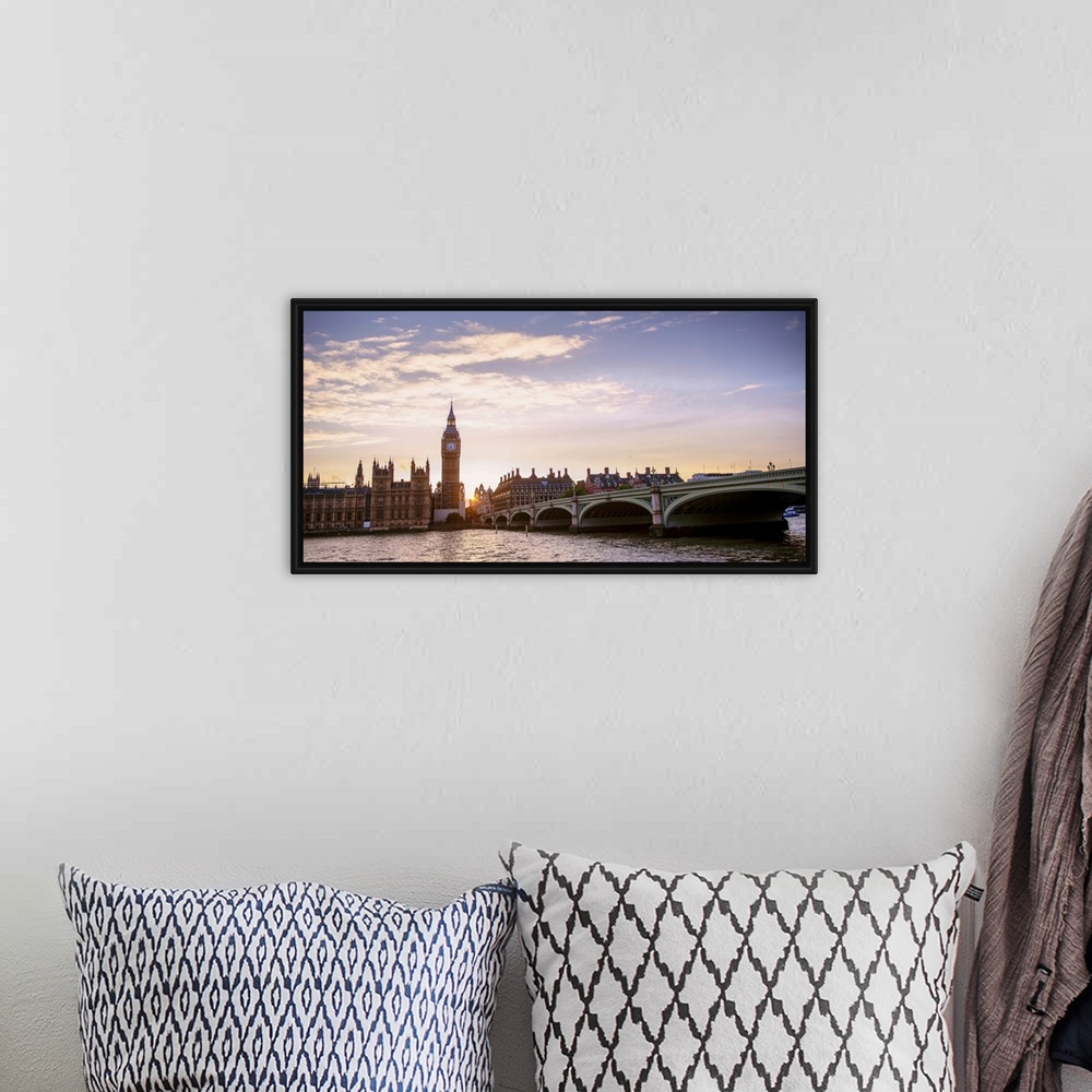 A bohemian room featuring Panoramic photograph of the Westminster Bridge over the River Thames with Big Ben in the backgrou...