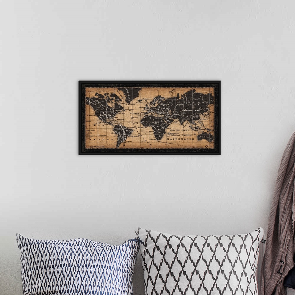 A bohemian room featuring This artwork has been designed to look like an antique map with French names and a burlap fabric ...