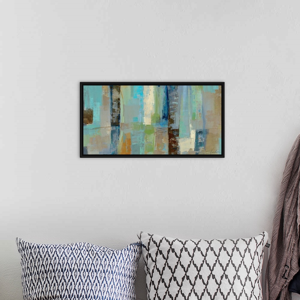 A bohemian room featuring Large abstract canvas art incorporates lots of rectangles, squares and mellow tones with rough ed...