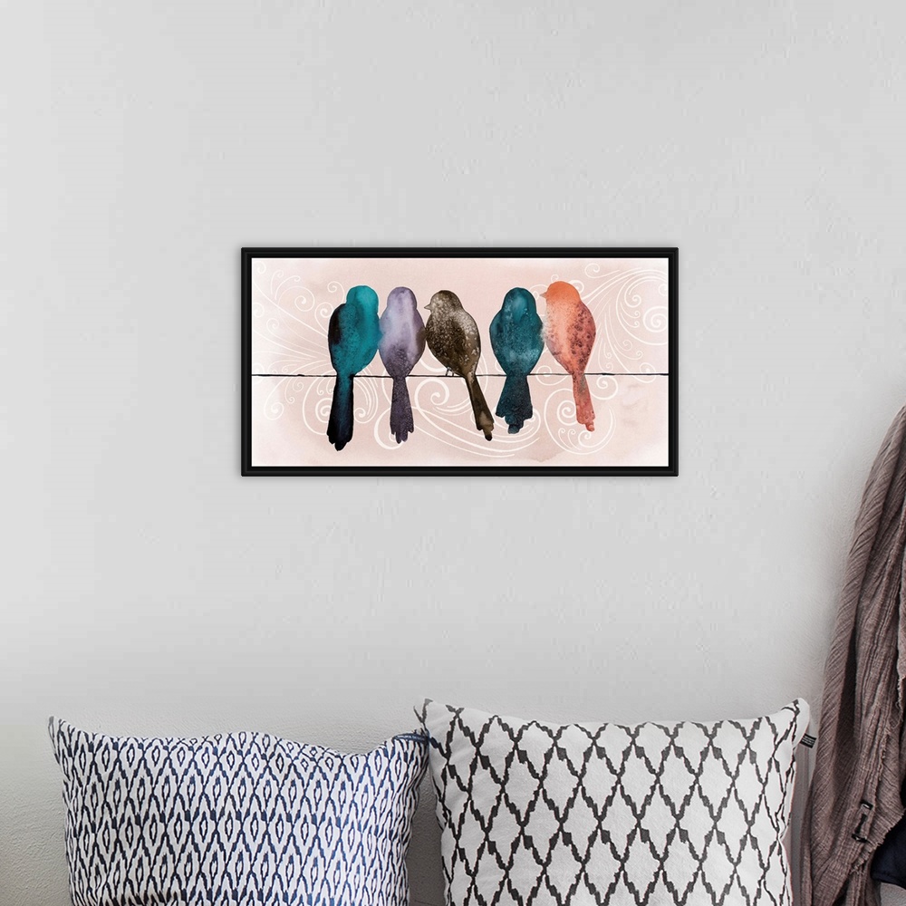 A bohemian room featuring Five watercolor bird silhouettes perched on a thin wire.