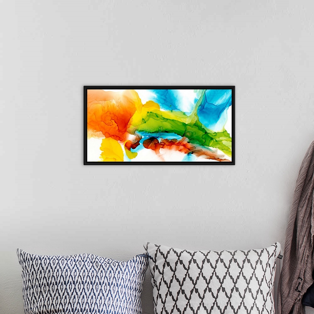 A bohemian room featuring A punchy, bright, abstract created with an alcohol ink technique. Featuring turquoise, lime and c...